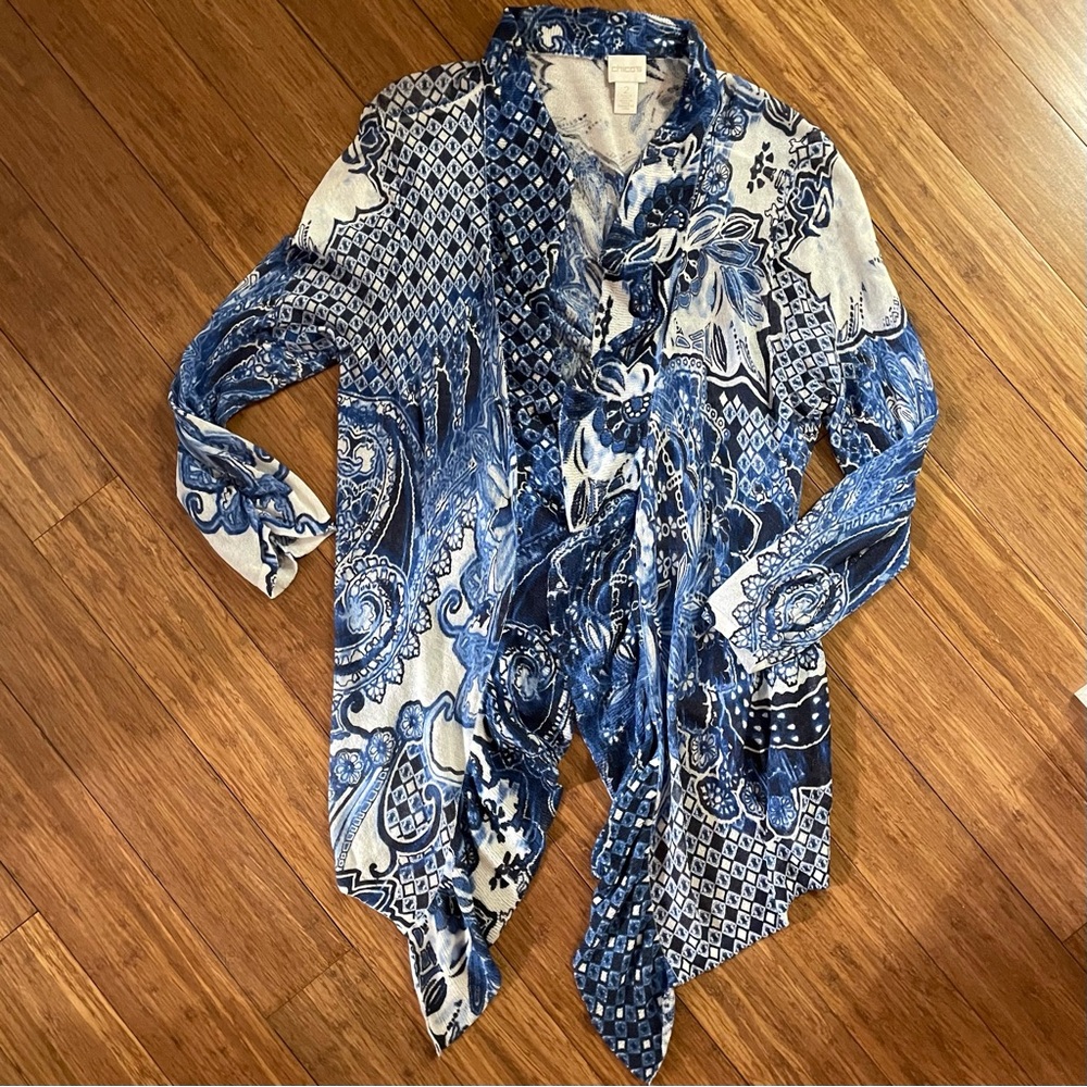 Chico’s Size 2 Ruffle Open Front Waterfall Cardigan, excellent condition (=Sz L)
